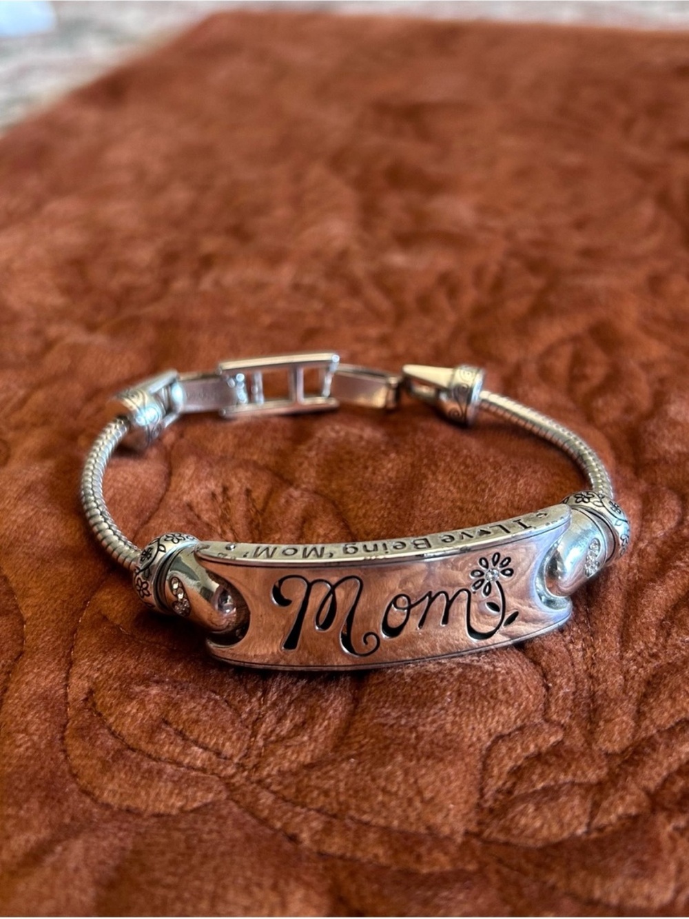 Brighton Silver 'Mom' Engraved Bracelet with Floral Accent